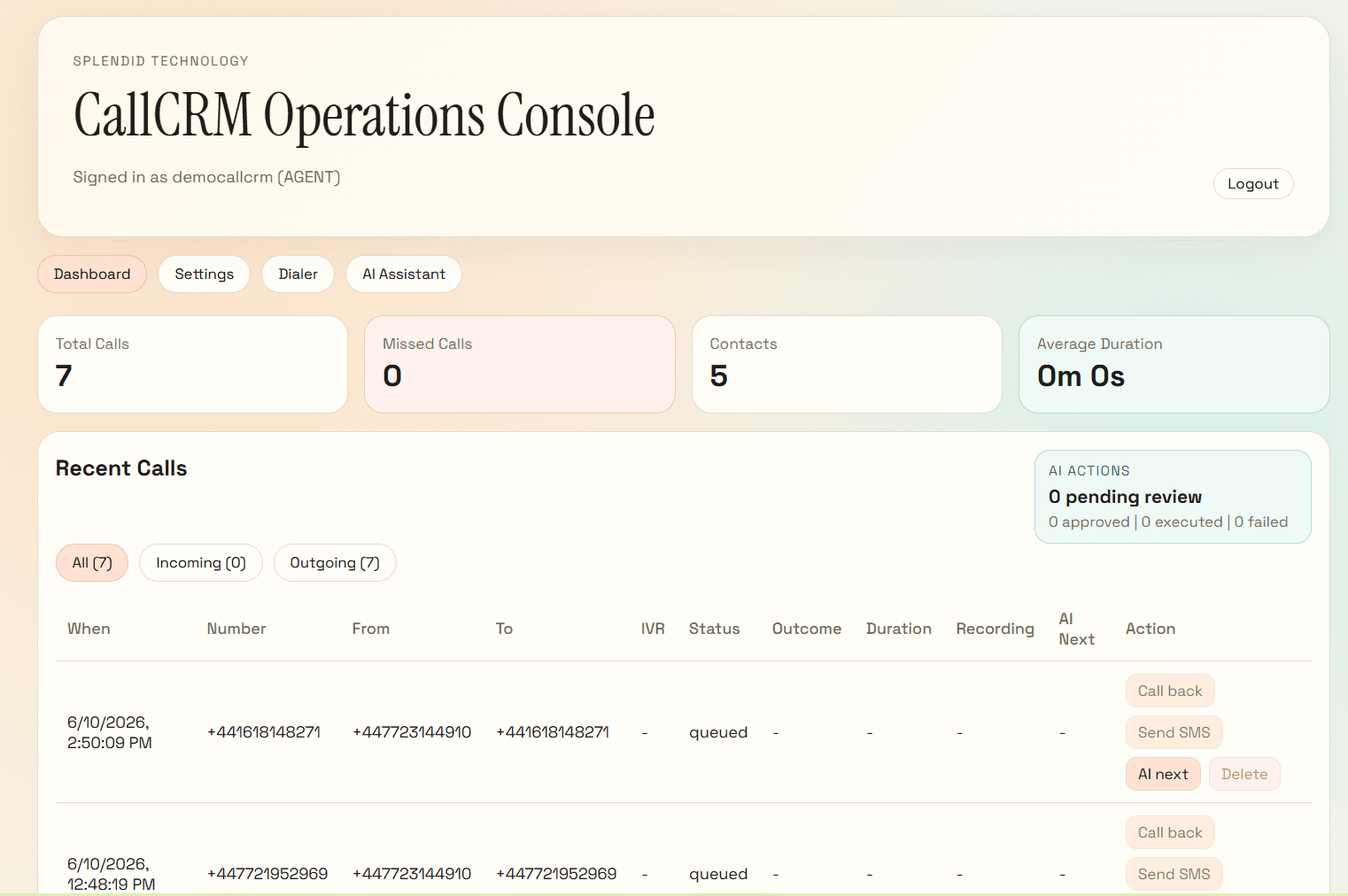 CallCRM console interface
