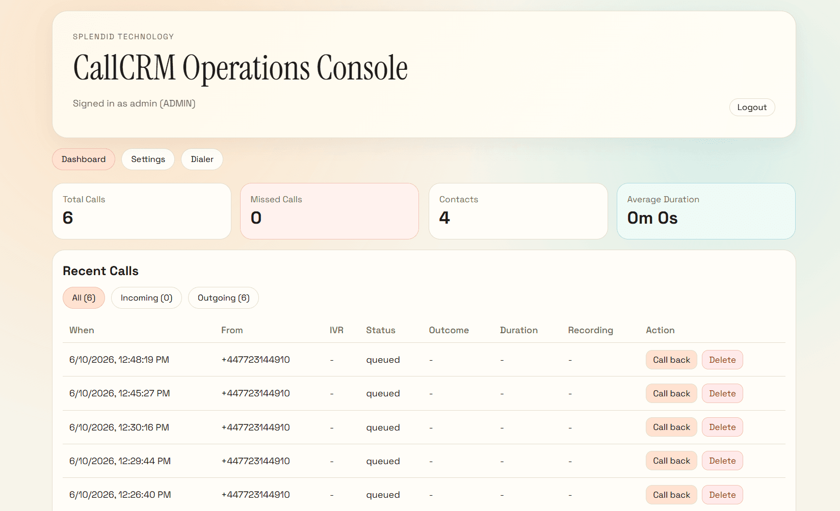 CallCRM Operations Console screenshot